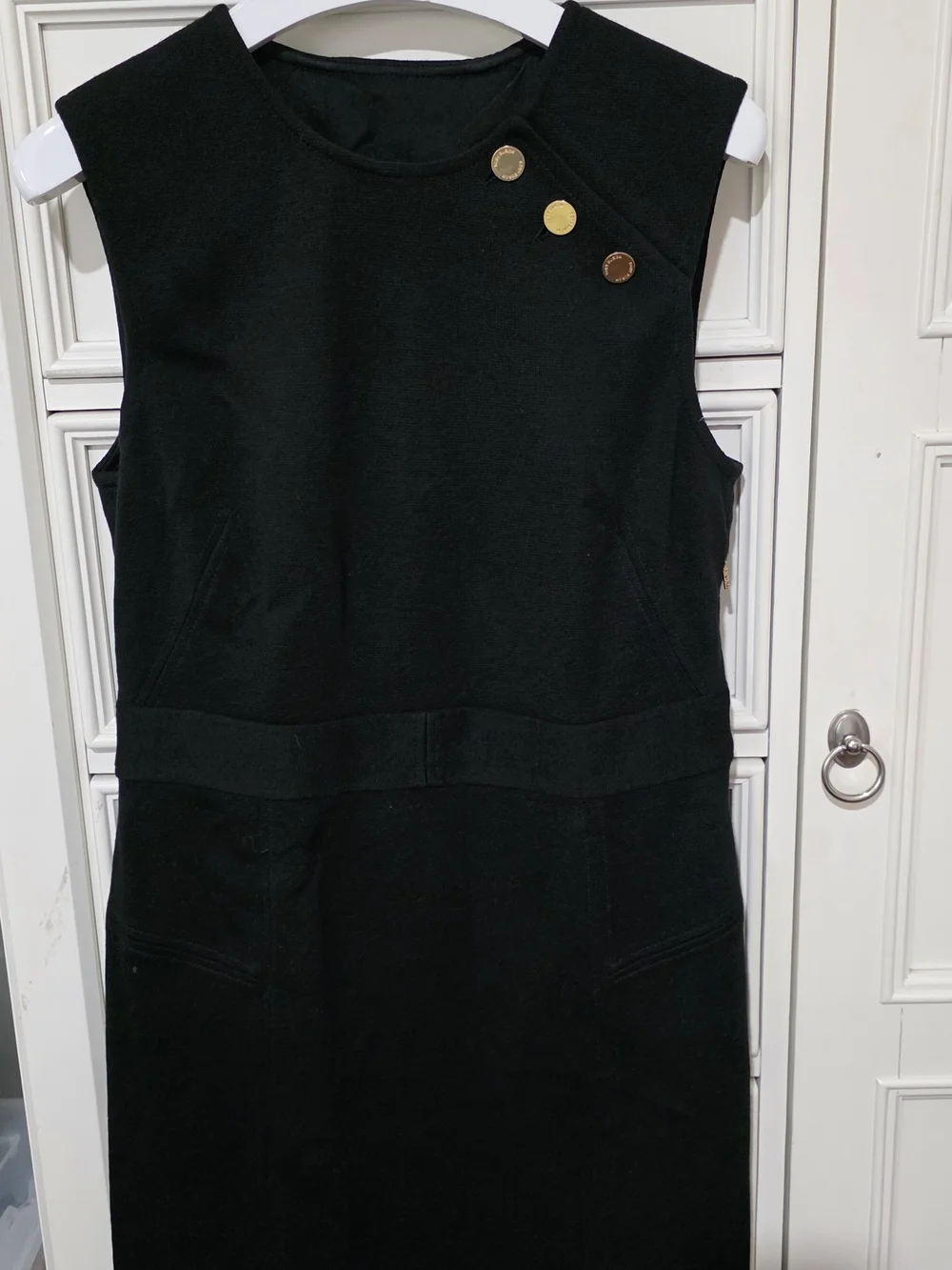Tory Burch Black Sleeveless Sheath Dress with Gold Buttons